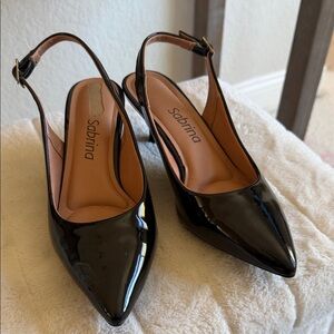 Sabina Black Patent Pointed Toe Slingback Mules